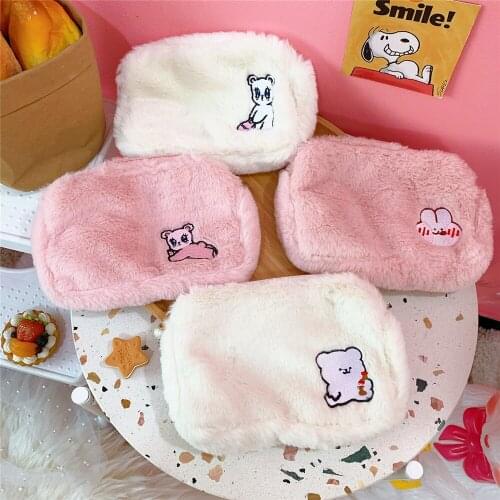 Cute Plush Cosmetic Bag Cartoon Floral Embroidery Makeup Bag Multipurpose Storage Bag for Girls Travel Business Trip