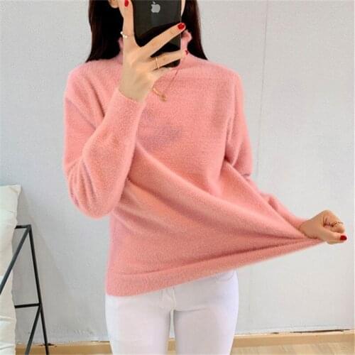 Imitation Mink Velvet Half High Collar Autumn Winter Inside Women Slim Sweater All-Match Tops Knitwear Ladies Pullover TT0317
