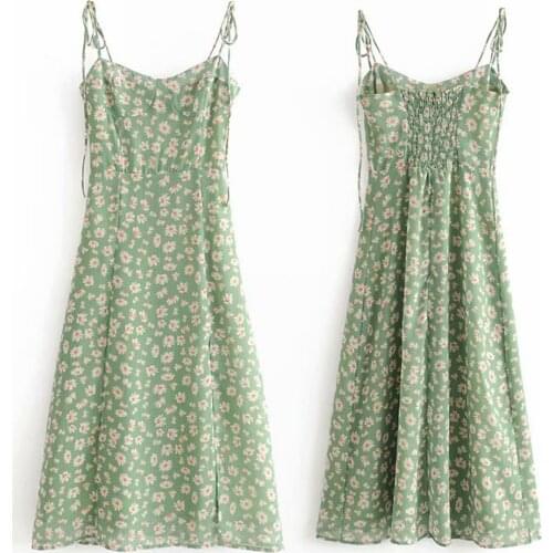 Womens Summer Sexy Daisy Print Slit Sling Dress Strethable Back Midi Dress Woman Casual Adjustable Shoulder Strap Dress New