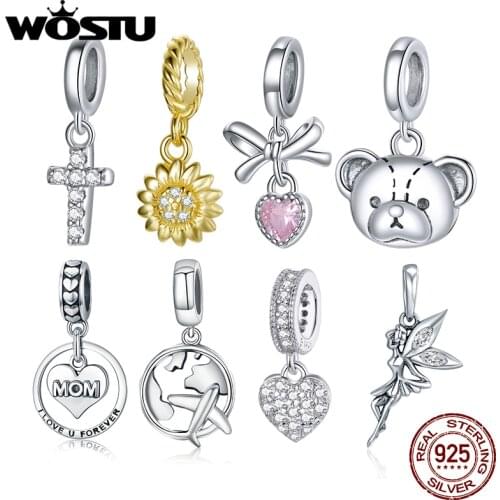 WOSTU Authentic 925 Sterling Silver Sunflowers Bear Charms Pendant Fit Bracelet Women Party Fashion DIY Jewelry Gift Making