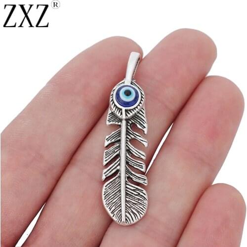 ZXZ 5pcs Tibetan Silver Feather Blue Turkish Eye Charms Pendants for Necklace Jewelry Making Findings 48x12mm