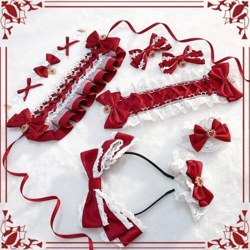 Christmas Handmade Bow Hairband KC Hair Ribbon Hairpin Bnt Sleeve Neckband Bear Bag Lolita Original Design Cute Red&White