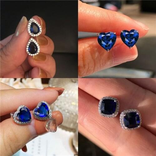 Unique Crystal Water Drop Square Round Heart Earrings White Gold Royal Blue Stone Zircon Wedding Stud Earrings For Women Jewelry
