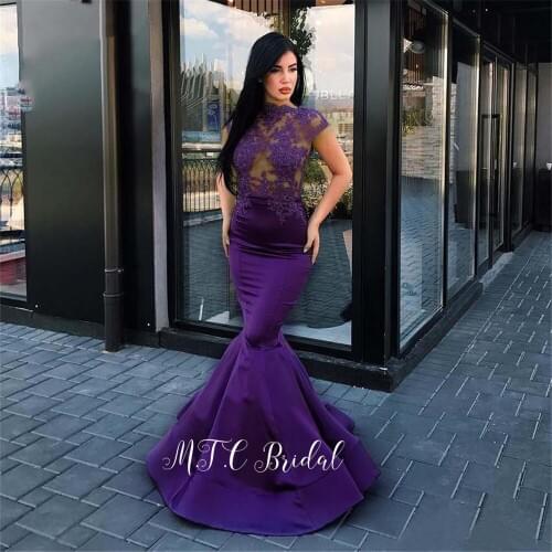 Dark Purple Mermaid Long Evening Dress Sheer Lace See Through Arabic Prom Gowns 2019 Hot Selling Women Occasion Dresses Cheap