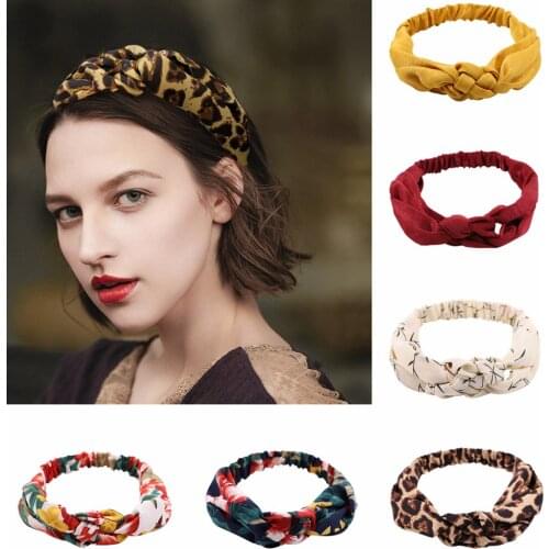 Knitted Women Summer Bohemian Elastic Hair Bands Leopard Headbands Vintage Girls Cross Turban Bandage Bandanas Hair Accessories