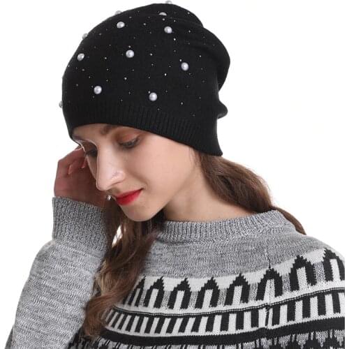 Female Cashmere Winter Knitted Hat For Women Hat Wool Beanies Skullies Pearl Rhinestone Beanie Hat Autumn Girls gorros invierno