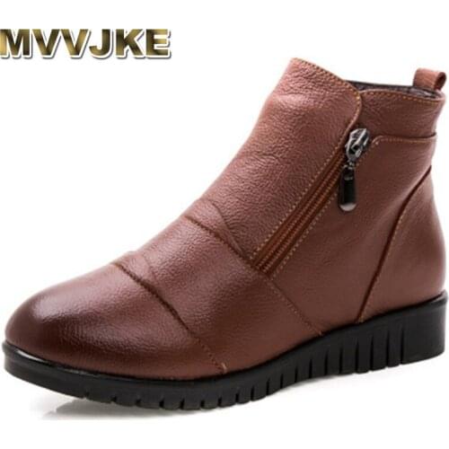 MVVJKE Winter Women Shoes Woman Genuine Leather Fashion Flat Warm Snow Boots Female Casual Wedges Ankle Boots Plus size 35-41