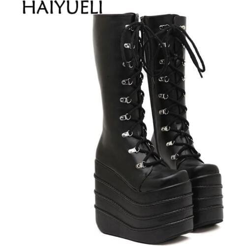 Womans Boots White/Black Cosplay Boots Square Toe Wedges Platform Pu Leather Knee High Boots Women Shoes High Heel 16cm