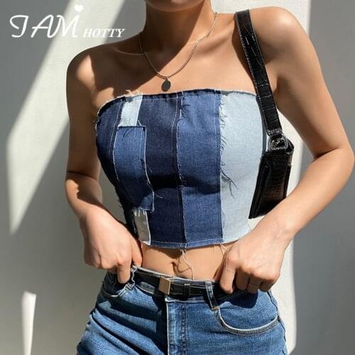 Backless Lace Up Patchowrk Y2K Denim Crop Top Women Vintage Sexy Hollow Out Club Gothic Wear Out Jeans Cami Summer 2020 Iamhotty