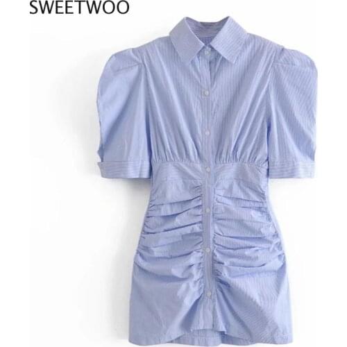 Women Vintage Puff Sleeve Hip Package Pleated Slim Shirt Dress Female Chic Summer Breasted Casual Ruffles