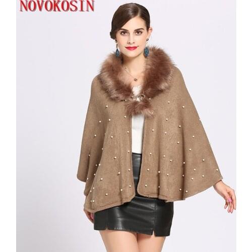 SC199 Winter Warm Faux Cashmere Thick Beading Short Coat 2018 Poncho Women Casual Loose Plus Size Faux Fox Fur Neck Cardigan