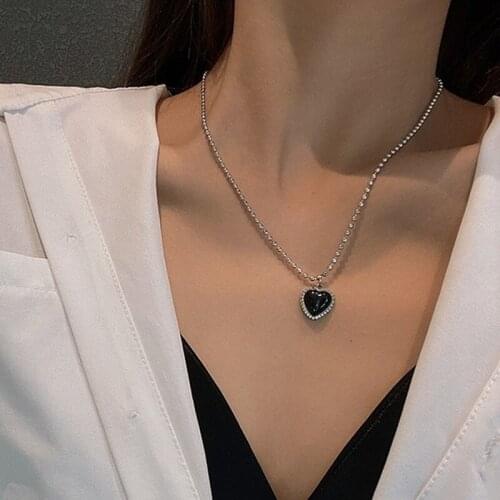 U-Magical Statement Black Titanium Steel Love Heart Pendant Necklace for Women Round Beads Metallic Chain Necklace Jewellery