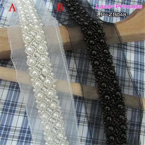 1 yard 2CM black white mesh fabric beaded clothing accessories collar flower DIY handmade beading Braid lace trim fabric ZB048