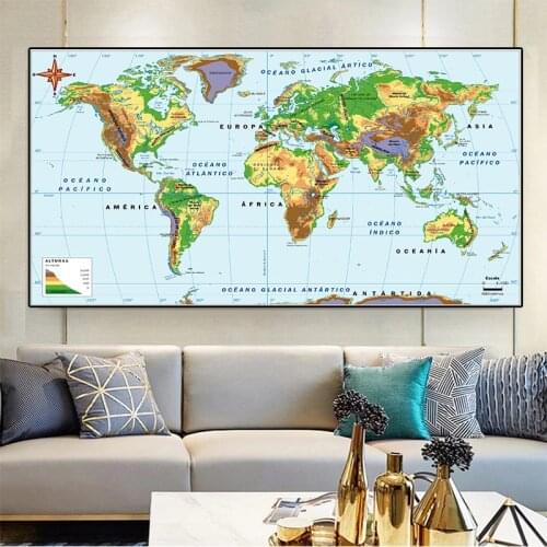 225*150cm Spanish Language World Map Non-woven Canvas Painting Wall Art Poster Living Room Home Decoration School Supplies