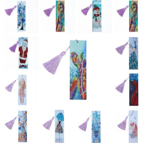 5D DIY Diamond Painting Bookmark Animal Santa Skull Dogs Picture Leather Tassel Book Marks Special Shaped Diamond Embroidery