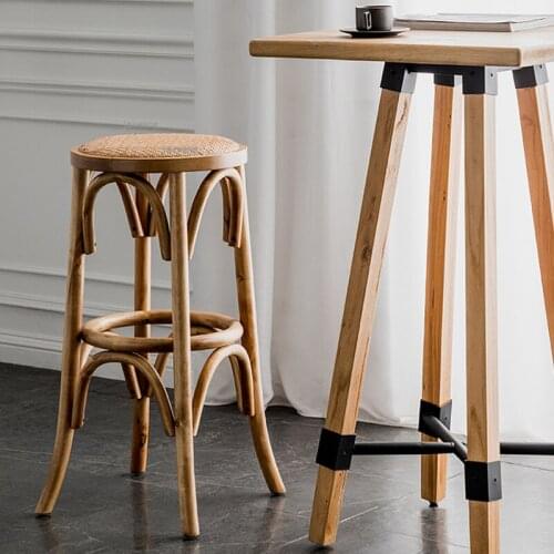 American Solid Wood Home Furniture Rattan Bar Stool Creative Designer Kitchen High Bar Stools Retro Coffee Shop Round Barstool