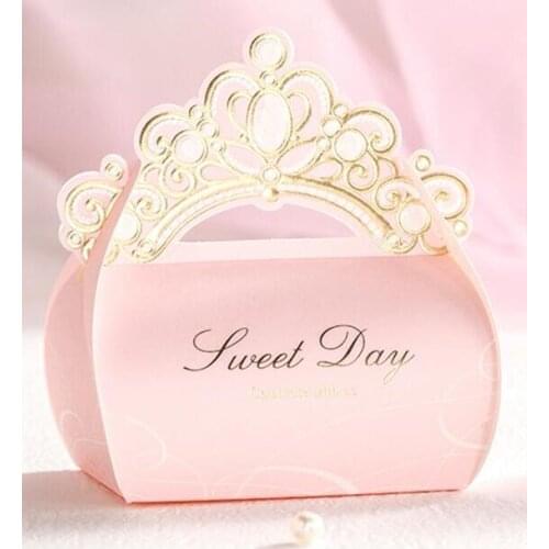 Bronzing crown favor box bomboniere for wedding party, birthday engagement candy boxes chocolate gift dragee packaging, 50PCS