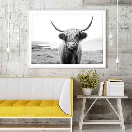 Black and White Highland Cow Cattle Wall Canvas Art Nordic Painting Poster and Print Scandinavian Wall Picture for Living Room