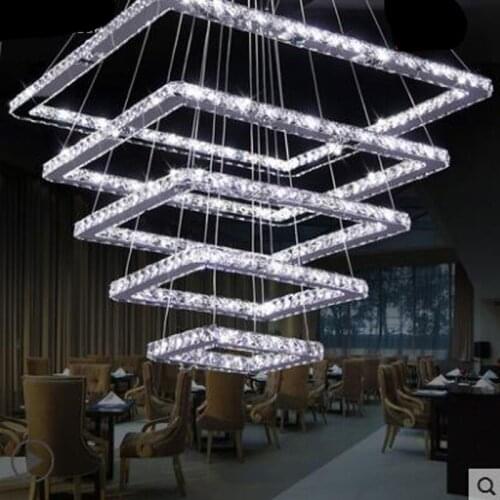 Duplex floor living room large chandelier modern villa crystal long chandelier creative square led staircase lamp restaurant led