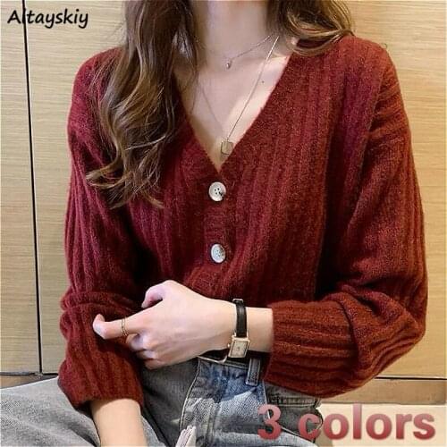 Cardigans Sweaters Women Burgundy Female Retro Clothes Single Breasted Popular Chic BF Spring Solid Fashion Lady Daily Ulzzang