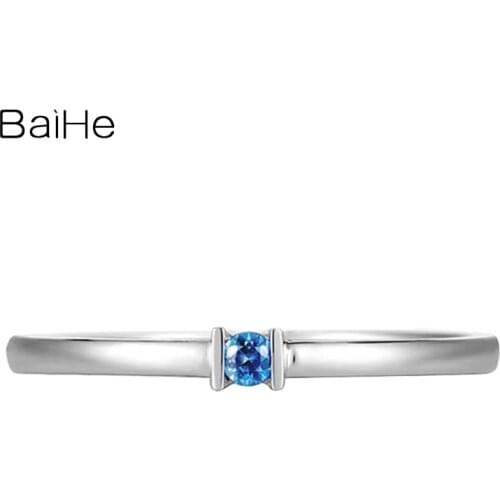 BAIHE Solid 14k White Gold Natural Blue Sapphire 2mm Round Women Wedding Ring Band Fine Jewelry кольцa Engagement кольцо Women