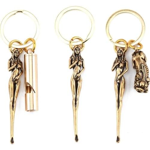 Creative Brass Beauty Women Keychain Pendants Pure Copper Handmade Goddess Ear Pick Tool Gift Men Car Key Chain Keyring Hangings
