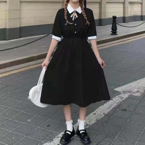 Japanese College Style Summer Dress Girl Sweet Kawaii Bow Dress Short Sleeve Mori Girl Woman Maxi Dress Black Blue Green 2021