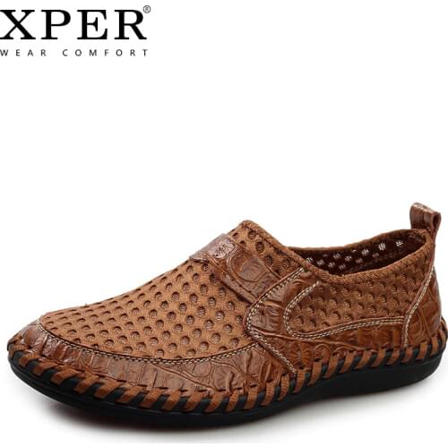New Spring Summer Men Loafers Genuine Leather Casual Shoes Male Breathable Footwear Rubber Soft Hole Walking Shoes Brown #XP020
