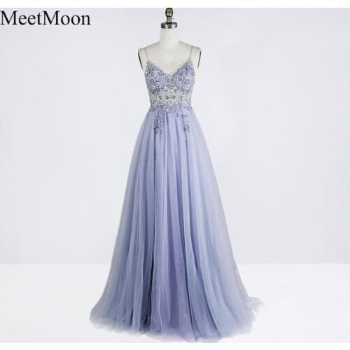 MeetMoon Blue Violet Illusion Beading Bodice Spaghetti Straps A-line Evening Dress Long Formal Party Gown With Side Split