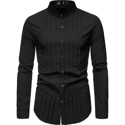 Mens Black Wedding Tuxedo Shirts Hipster Slim Fit Long Sleeve Pleated Shirt Men Business Casual Button Up Shirt Men Clothing xxl