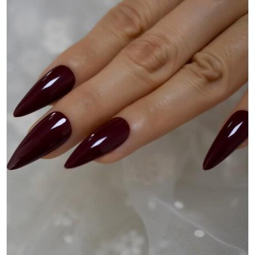 Maroon Red Gel Fantasy False Nails Almond Pointed Dark Sexy False Nails Medium Long Size Stiletto Tips with Glue Sticker