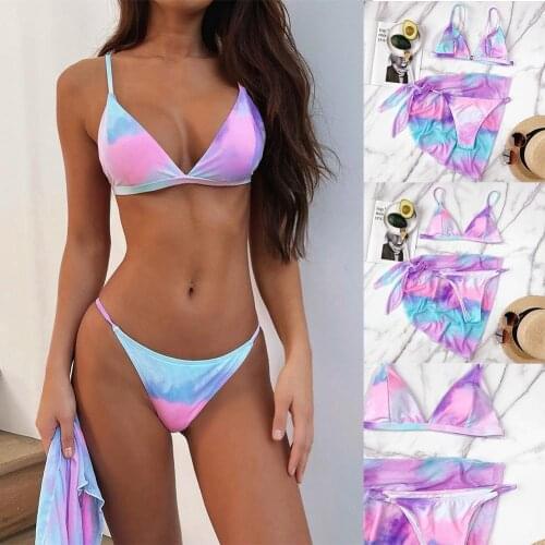 New Tie Dye Bikini Women Swimwear Female Swimsuit 2021 Suit Bather Sexy Bikini pieces set Three With Bathing Sarong Swim We R4Z5