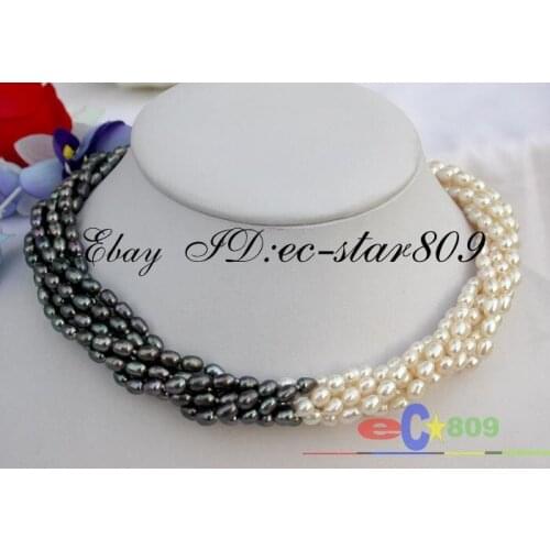 P70 Dream 6strands 17" 7mm rice white black freshwater pearl necklace Beacelet