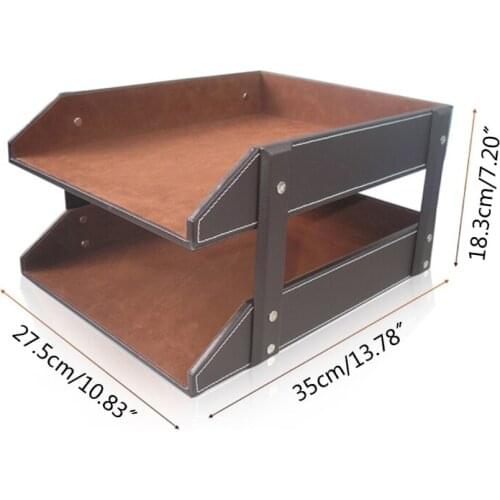 A4 Document File Organizer Tray Double Layers Desk PU Leather Paper Holder Rack C90C