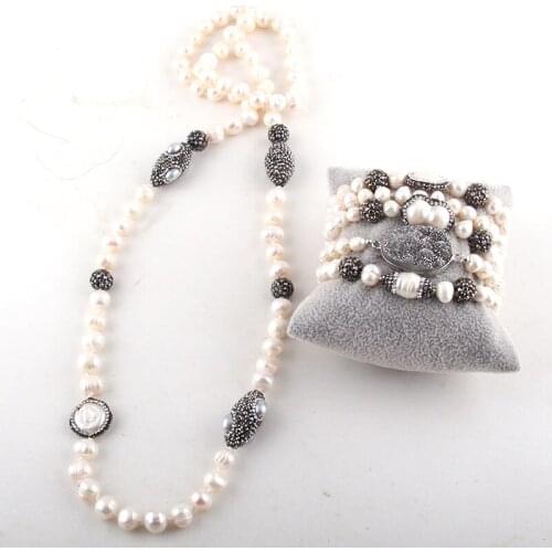 MD Fashion Jewelry Set Pearl Beads Knotted Handmake Paved Freshwater Pearl Necklace and Bracelet Set For Women Jewelry