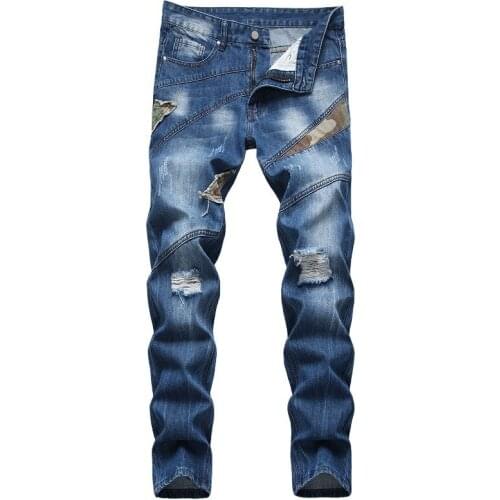 Ripped Jeans Male Personality Camouflage Splicing Tide Pants European American Mens Fashion Denim Trousers