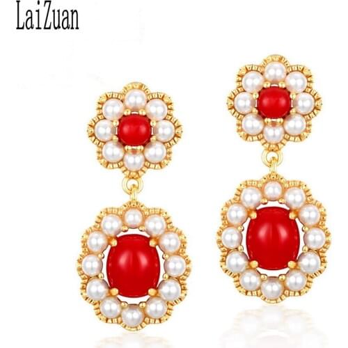 Sterling Silver 925 Elegant Unique Jewelry Earrings Synthetic red coral & Shell Pearl Earrings Classic Stud Earrings for Women