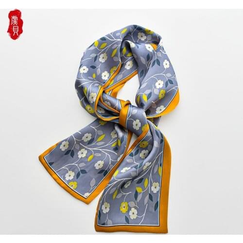 Fashion grey 100% real silk long scarf women luxury hairband narrow scarves small neckerchief summer headband gift for lady girl
