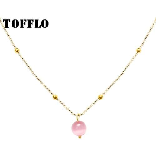 TOFFLO Stainless Steel Jewelry Pink Cats Eye Stone Bag Bead Chain Pendant Necklace Womens Sweet Clavicle Chain BSP457