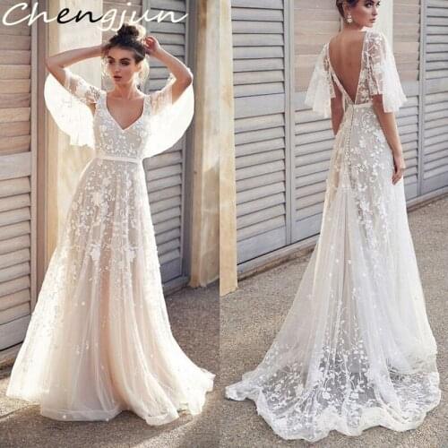 Chengjun Latest Vintage Floral Applique V-Neck Backless Bohemian Wedding Dress 2019