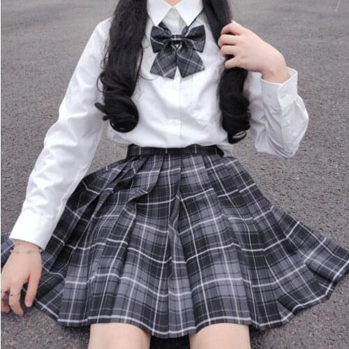 [Smoky Gray] Girls Long/Short Sleeve High Waist Pleated Skirts Plaid Skirts Women Dress For JK School Uniform Students Clothes
