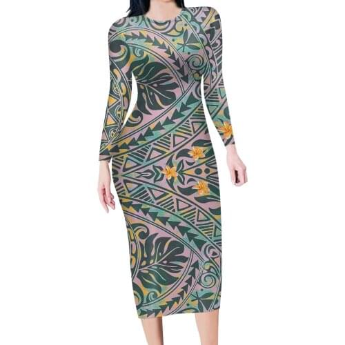 Green Long Sleeve Slim Bodycon Dresses for Women Autumn Ethnic Style Elegant Floral Dress Plus Size Party Office Pencil Dress