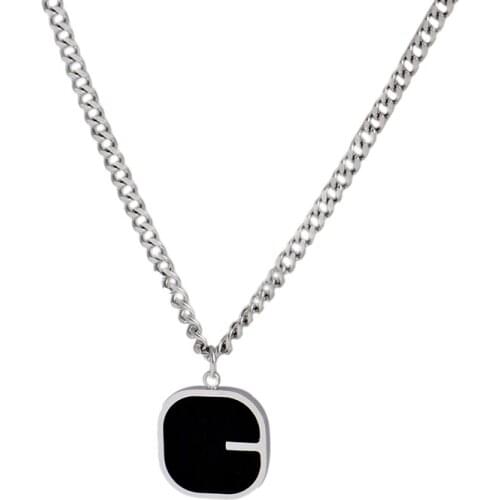316L stainless steel female square letter necklace simple design temperament INS vintage Thai silver black agate clavicle chain