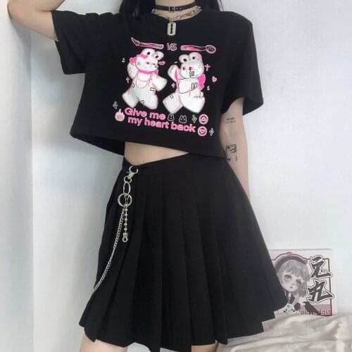 Harajuku Streetwear Bunny Gothic Letters Print Short Sleeve T-shirt Women 2020 Summer Loose O-neck Tee Shirt Girls Tops