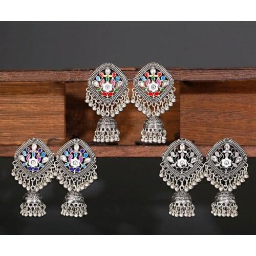 Vintage Silver Alloy Bollywood Oxidized Earrings For Women Ethnic Flower Bohemian Tassel Jhumka Dangle Earrings