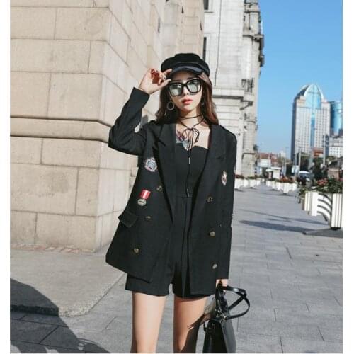 Women Jackets England Casual Loose Black Double Breasted Blazers Embroidery Clothing Lady Korean Outerwear Streetwear