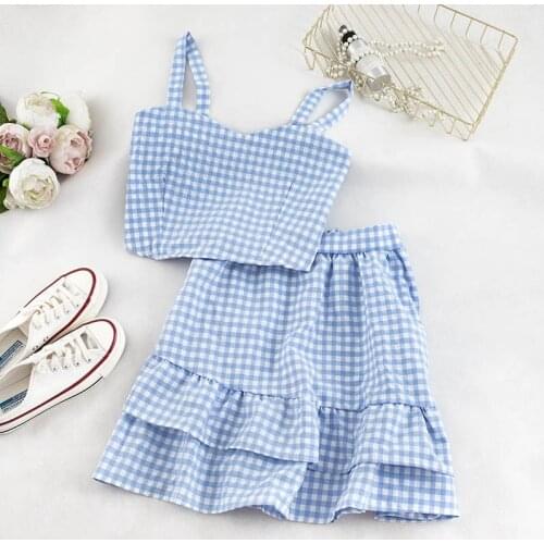 Abrini 2021 Summer Sets Plaid Spaghetti Tops And Skirt Women Sets Skirt Patchwork Sets Femme Two Pieces Outfits Sets Ruffles