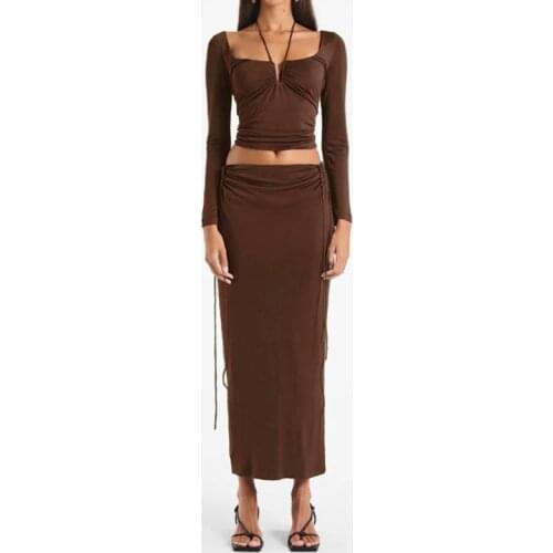 Women Halter Neck Ruched Crop Top With Tie Detail & Ruched Maxi Pencil Skirt Set With Back Split
