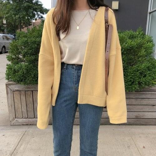 Womens Autumn Loose Sweater Coat Female Solid Casual Cool Yellow Knitting Cardigan Soft Warm Sweater Top Cardigan