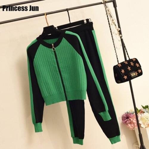 Spring Autumn Women 2 Piece Tracksuit Long Sleeve Zipper Knit Cardigan Sweater&High Waist Pants Set 2pc Color Contrast Outfits